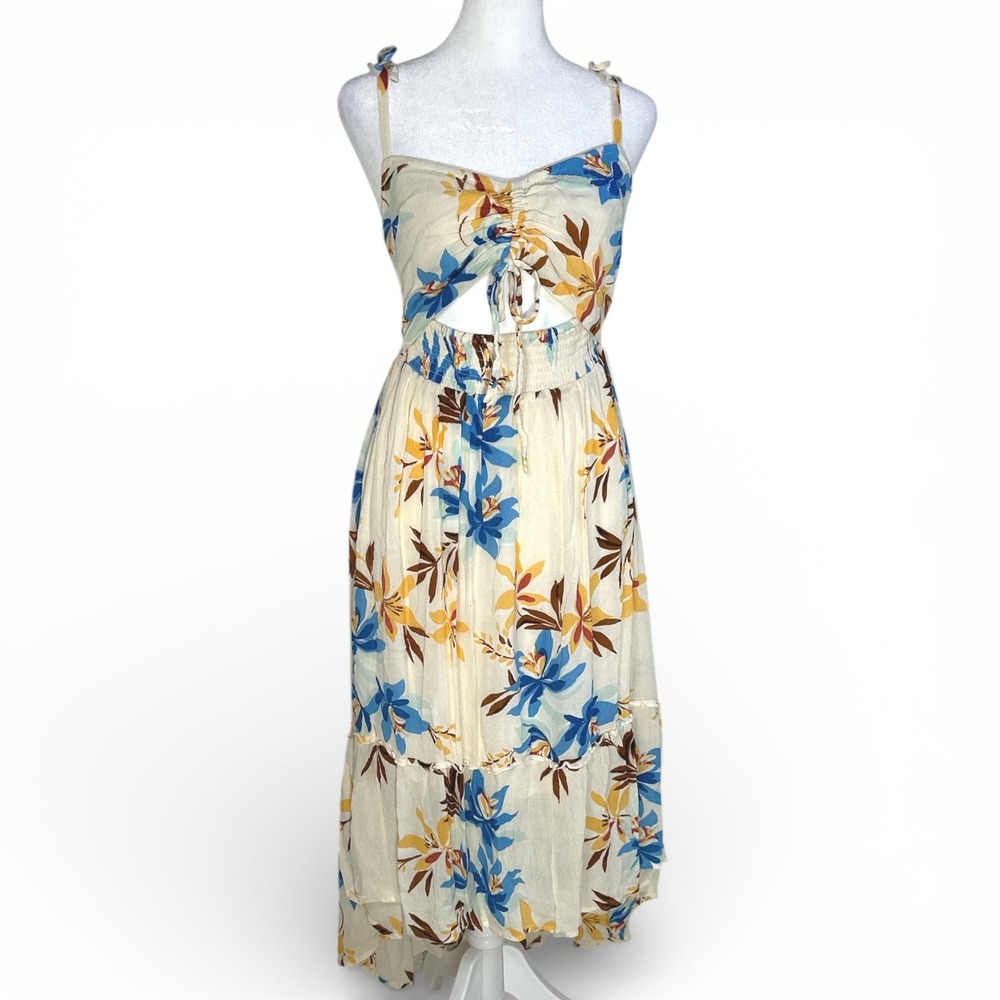 Forever 21 Floral Midi Dress Womens Small Cream Blue Cutout Boho Summer Beach
